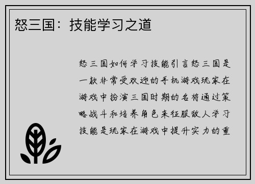 怒三国：技能学习之道